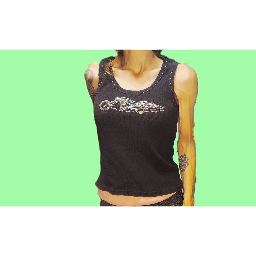 Biker Design Black Rhinestone Motorcycle Tank Top Size Large | Tombstone Arizona